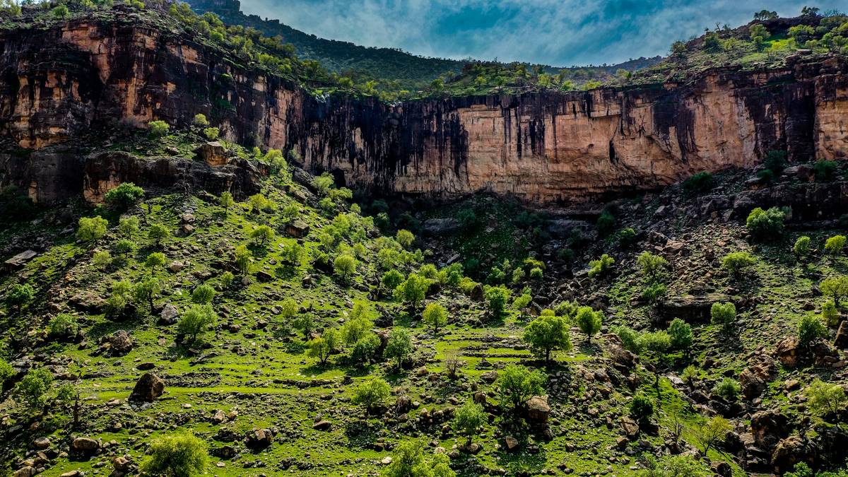 a lush green valley surrounded by mountains under a cloudy sky